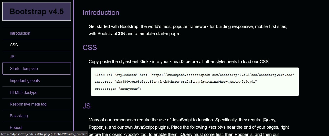 Screenshot of bootstarp documentation page