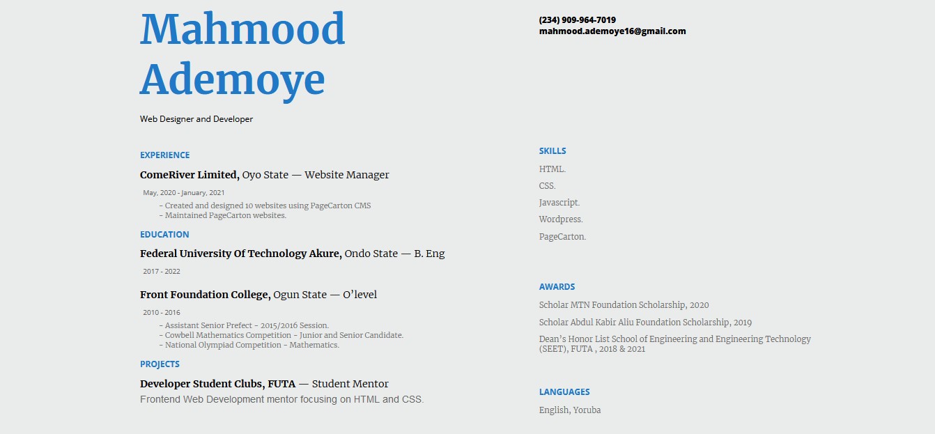 Screenshot of webpage showing my CV